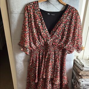 Zara Brown Midi Sundress with Flutter Sleeves and V-Neck